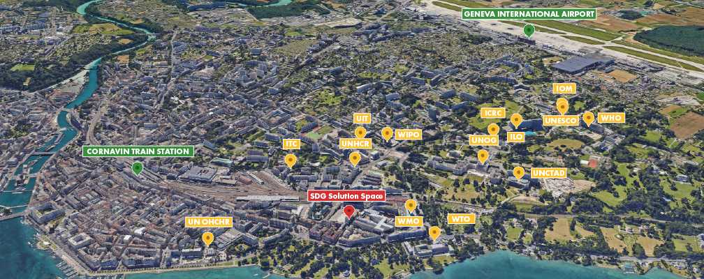Aerial map of International Geneva pinning the Geneva Solution Space at Campus Biotech Innovation Park next to the WMO, WTO and UNHCR, with the Palais des Nations (UNOG), ITU, ILO, WHO, ICRC, WIPO, UNESCO, OHCHR, UNCTAD, IOM, Cornavin train station and Geneva Airport nearby